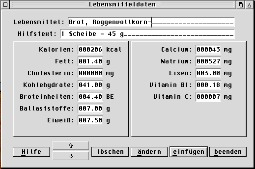 Lebensmitteldaten-Dialog