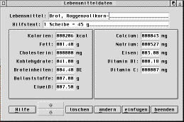 Lebensmitteldaten-Dialog